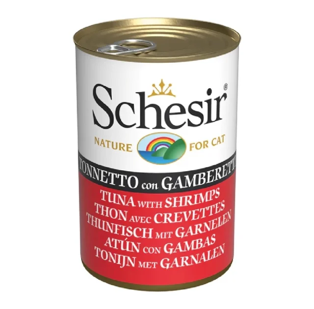 Влажный корм Schesir Tuna with Shrimps, консервы для кошек, тунец с креветками в желе, 140 г
