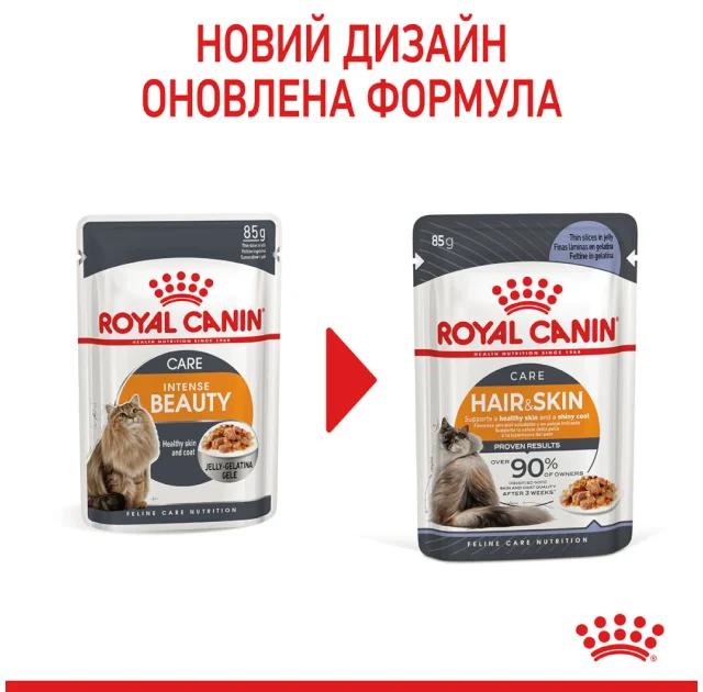 Вологий корм Royal Canin HAIR & SKIN CARE для кішок для підтримки здоров'я шкіри та блиску вовни, шматочки в желе, 85 г