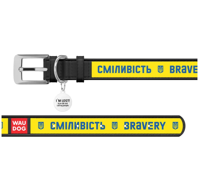 Нашийник шкіряний Waudog Design з QR паспортом для собак, малюнок "Сміливість" XS,15 мм/26-35 см, чорний