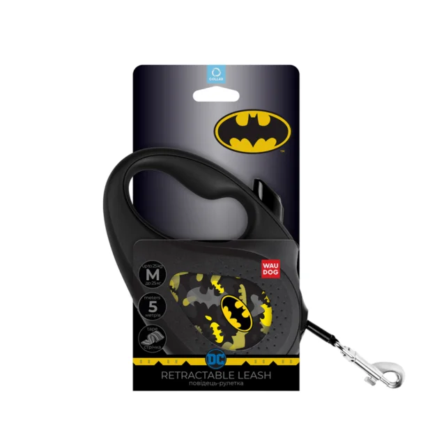 Повідець-рулетка Waudog R-leash для собак, малюнок "Бетмен Візерунок", світловідбиваюча стрічка, чорний, M, 25 кг, 5 м