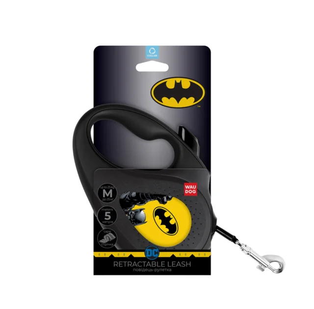 Поводок-рулетка Waudog R-leash для собак, рисунок "Бэтмен Желтый", светоотражающая черная лента, M, 25 кг, 5 м