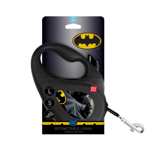 Повідець-рулетка Waudog R-leash для собак, малюнок "Бетмен Чорний", L, світловідбиваюча стрічка ,чорний, 50 кг, 5 м