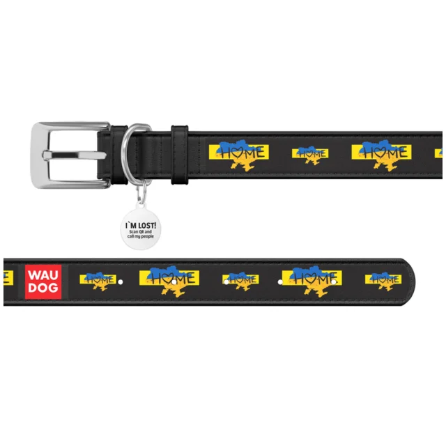 Нашийник шкіряний Waudog Design з QR паспортом для собак, малюнок "Дім" XXS, 12 мм/18-24 см, чорний