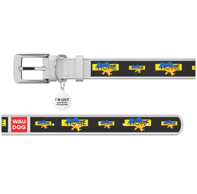 Нашийник шкіряний Waudog Design з QR паспортом для собак, малюнок "Дім", M, 20мм/29-38 см, білий