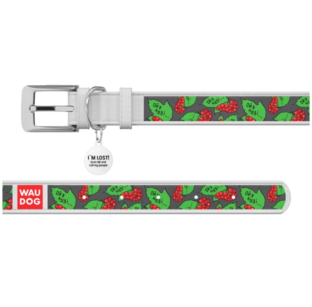 Нашийник шкіряний Waudog Design з QR паспортом для собак, малюнок "Калина", S,15мм/26-35 см, білий