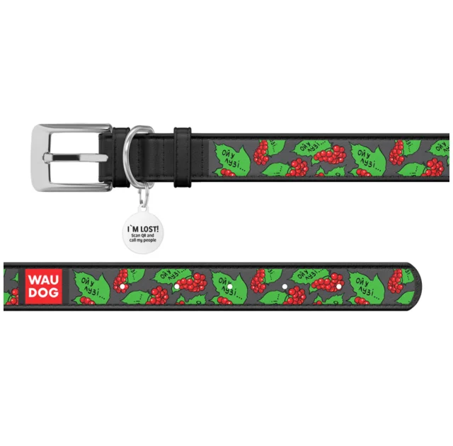 Нашийник шкіряний Waudog Design з QR паспортом для собак, малюнок "Калина", XXS, 12 мм/18-24 см, чорний