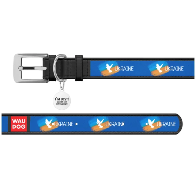 Нашийник шкіряний Waudog Design з QR паспортом для собак, малюнок "Прапор", M,20мм/29-38 см, чорний