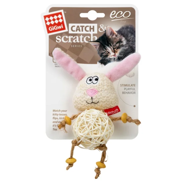 Іграшка GIGwi Catch&scratch Зайчик для кішок, з плетеним м'ячиком і дзвіночком, поліестер, 10 см