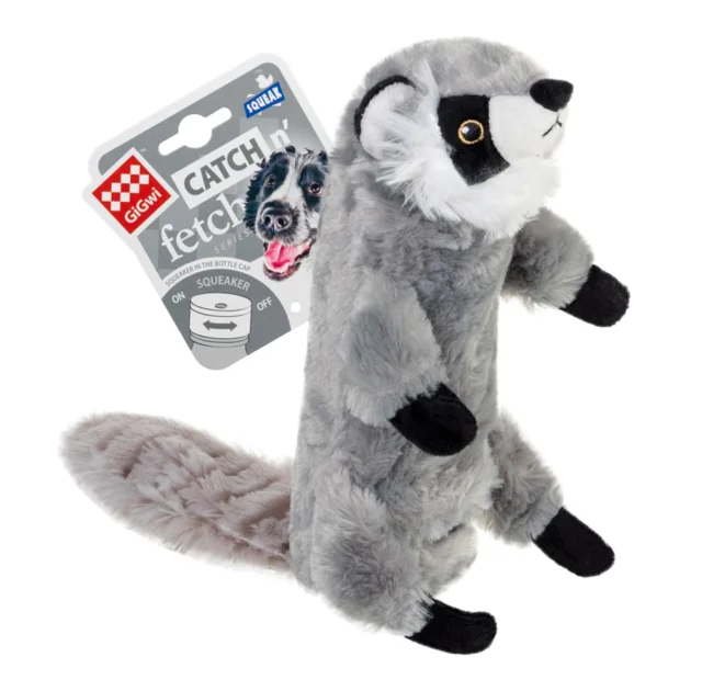 Игрушка GiGwi Catch & fetch Шкурка енота с бутылкой пищалкой,искусственный мех,платик, 51 см