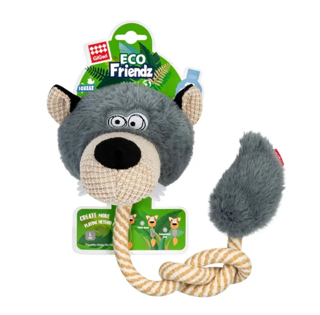 Игрушка GiGwi Eco Friendz Волк с пищалкой и веревкой для собак, переделан текстиль, L, 76 см