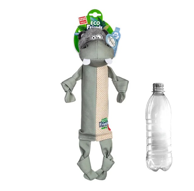 Игрушка GiGwi Eco Friendz Бегемот с пластиковой бутылкой и пищалкой для собак, текстиль, ПЭТ, L, 39 см
