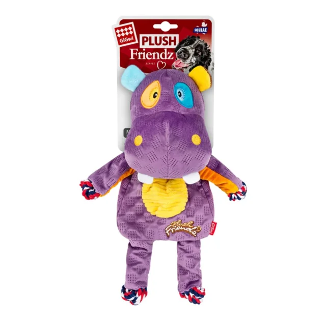 Игрушка GiGwi Plush для собак, Бегемот с веревками и пищалкой, текстиль, 34 см