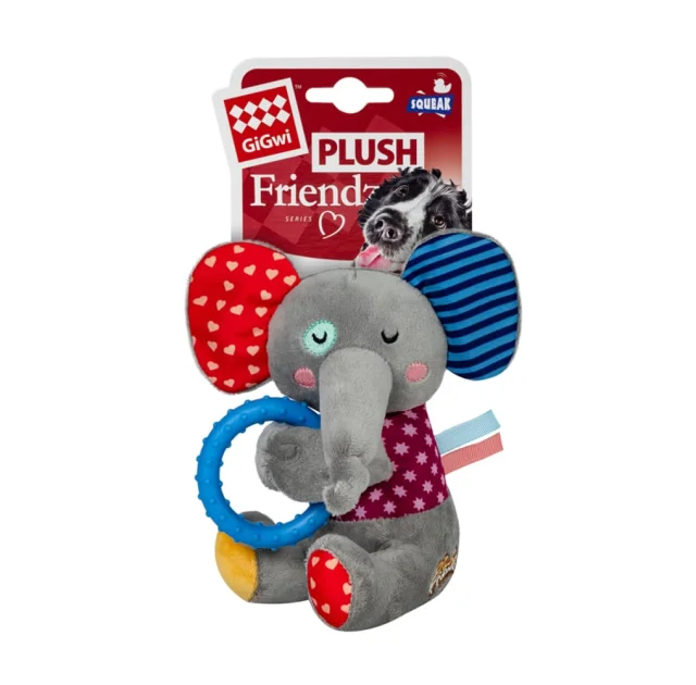 Игрушка GiGwi Plush для собак Слоненок с кольцом и пищалкой, текстиль, термопластическая резина, 16 см