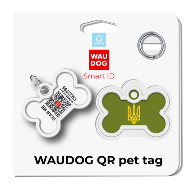 Адресник Waudog Smart ID c QR паспортом для собак и кошек, металл, рисунок "Тризуб масло" кость, 40мм/28 мм