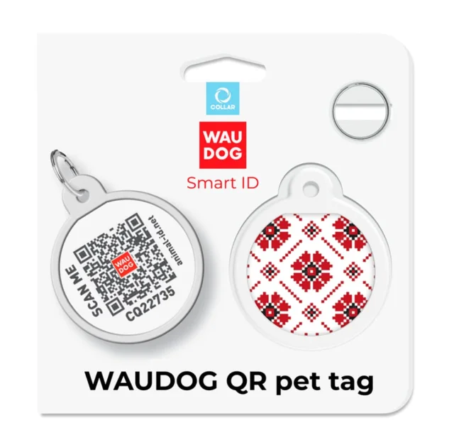Адресник Waudog Smart ID c QR паспортом для собак и кошек, рисунок "Вышиванка", круг, 25 мм