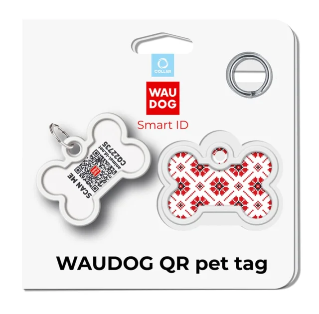 Адресник Waudog Smart ID c QR паспортом для собак и кошек, рисунок "Вышиванка", кость, 40/28 мм