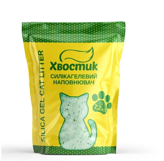Силикагель наполнитель Хвостик для кошек, с зелеными гранулами, мелкая фракция, 7.2 л