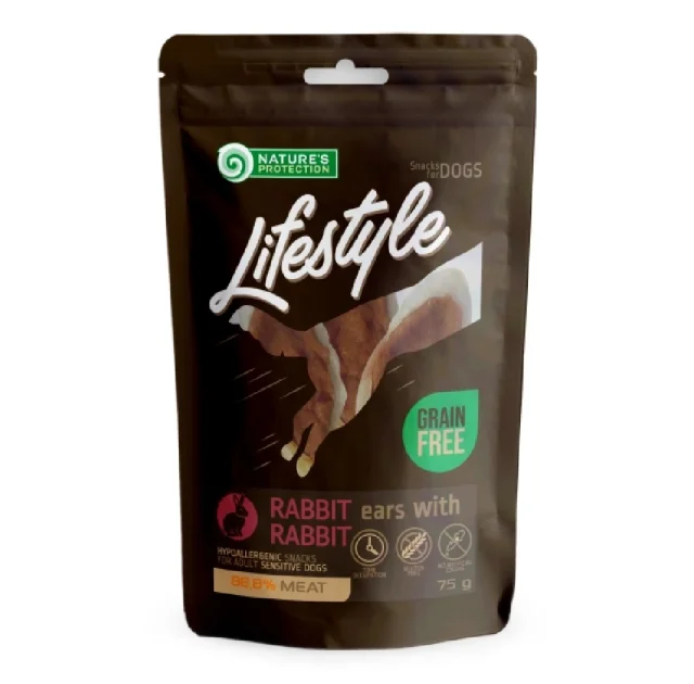 Ласощі Nature's Protection Lifestyle Rabbit Ears With Rabbit для собак, сушені кролячі вуха з кроликом, 75 г