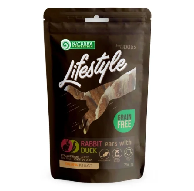 Ласощі Nature's Protection Lifestyle Rabbit Ears With Duck для собак, сушені кролячі вуха з качкою, 75 г