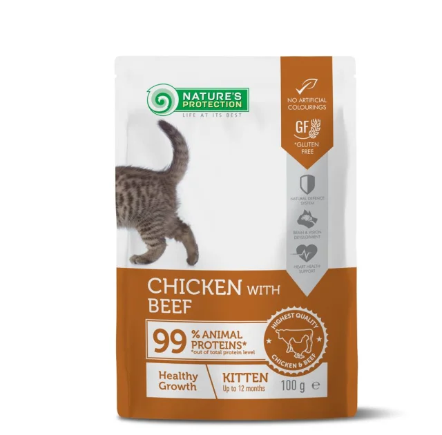 Влажный корм Nature's Protection Healthy Growth Kitten, для котят с курицей и говядиной для поддержания здорового роста, 100 г