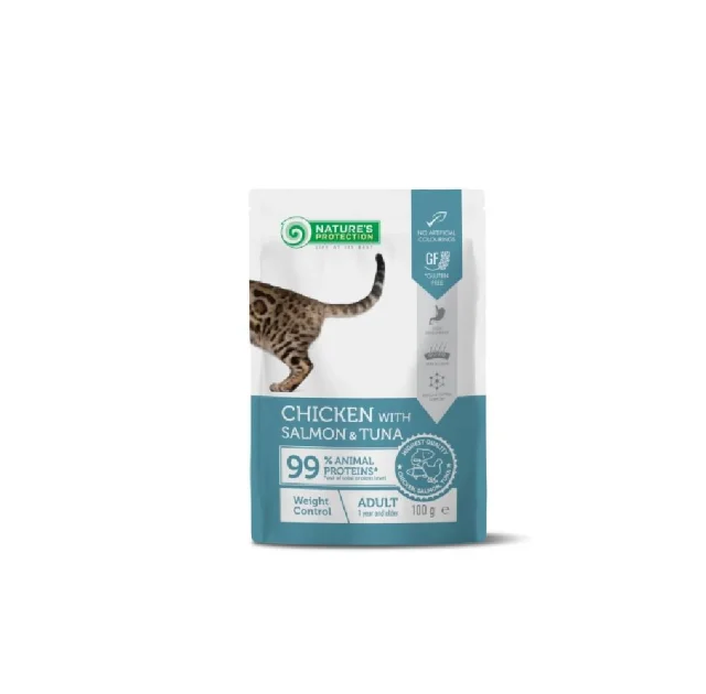 Влажный корм Nature`s Protection Weight Control, для взрослых кошек, контроль веса, курица, тунец и лосось, 100 г