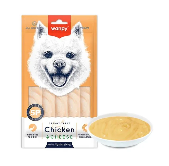 Рідкі ласощі Wanpy Creamy Lickable Treat Chicken&Cheese для собак, курка та сир, 5 стіків по 14 г