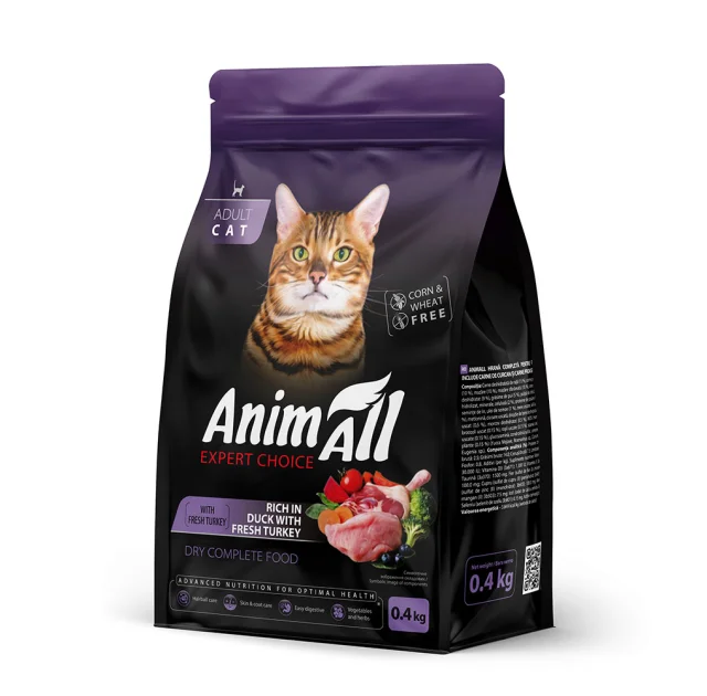 Сухой корм AnimAll для взрослых кошек, со свежей индейкой и уткой, 400 г