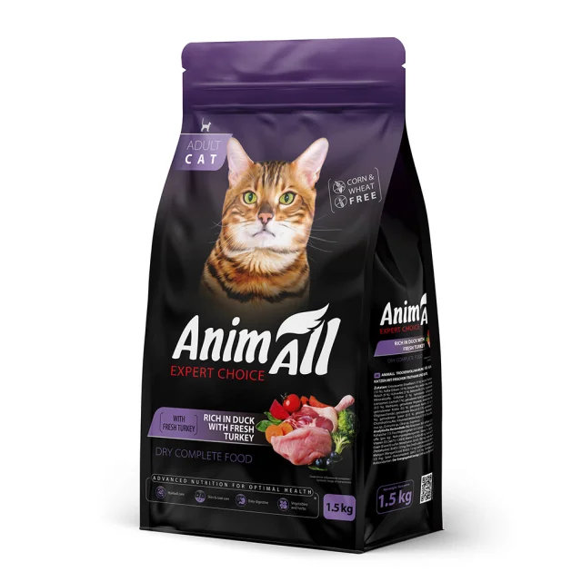 Сухой корм AnimAll для взрослых кошек, со свежей индейкой и уткой, 1.5 кг