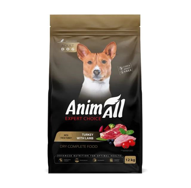 Сухой корм AnimAll для взрослых собак средних пород, со свежей индейкой и ягненком, 12 кг