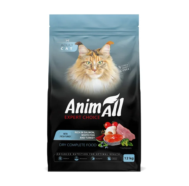 Сухий корм AnimAll для котів, лососем, білою рибою та свіжою індичкою, 12 кг