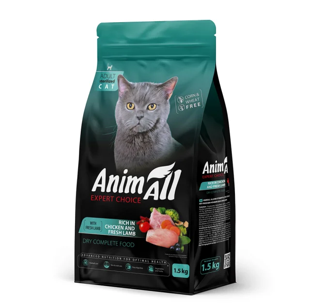 Сухой корм AnimAll для стерилизованных кошек, с курицей и свежей ягнятиной, 1.5 кг
