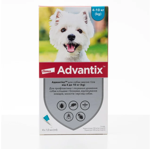 Краплі від бліх і кліщів Elanco Advantix для собак вагою 4-10 кг, упаковка 4 піпетки