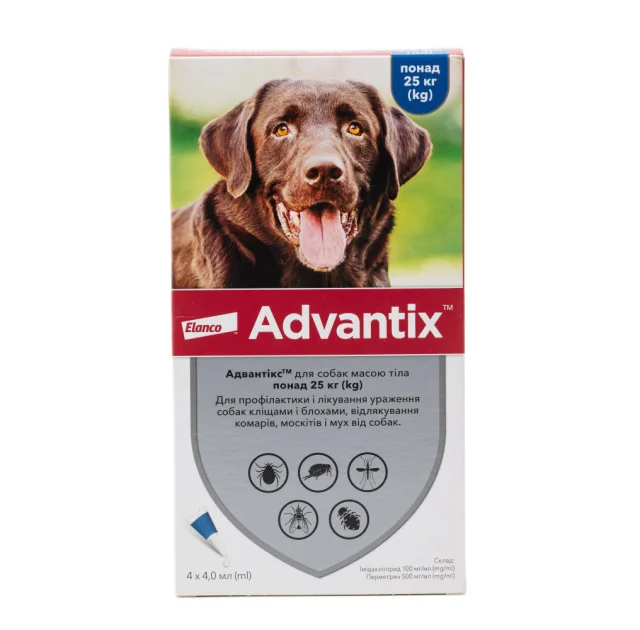 Краплі від бліх і кліщів Elanco Advantix для собак вагою понад 25 кг, упаковка 4 піпетки