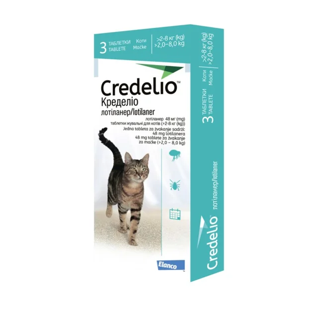 Таблетки Elanco Кределио Кэт от блох и клещей, для кошек весом 2-8 кг, 3 таблетки 48 мг, упаковка