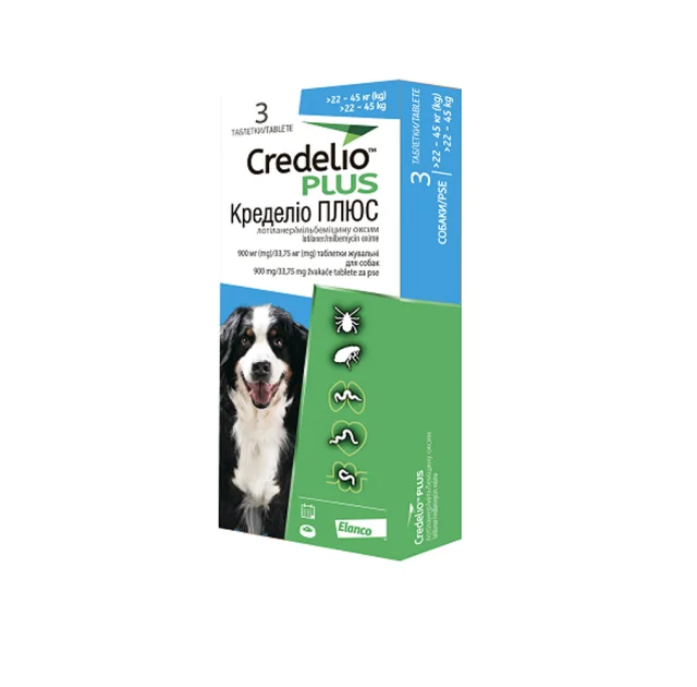 Таблетки Elanco Кределіо Плюс від бліх та кліщів, для собак вагою 22-45 кг, 3 таблетки, упаковка