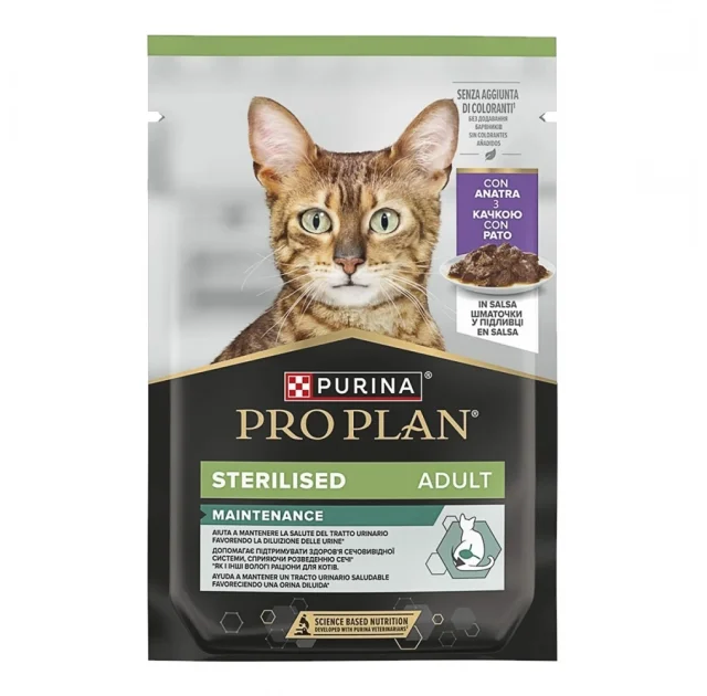 Влажный корм Purina Pro Plan Sterilised для взрослых стерилизованных кошек, с уткой, кусочки в соусе, 85 г