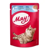 Влажный корм Мяу для кошек, рыбное ассорти в нежном соусе, 85 г