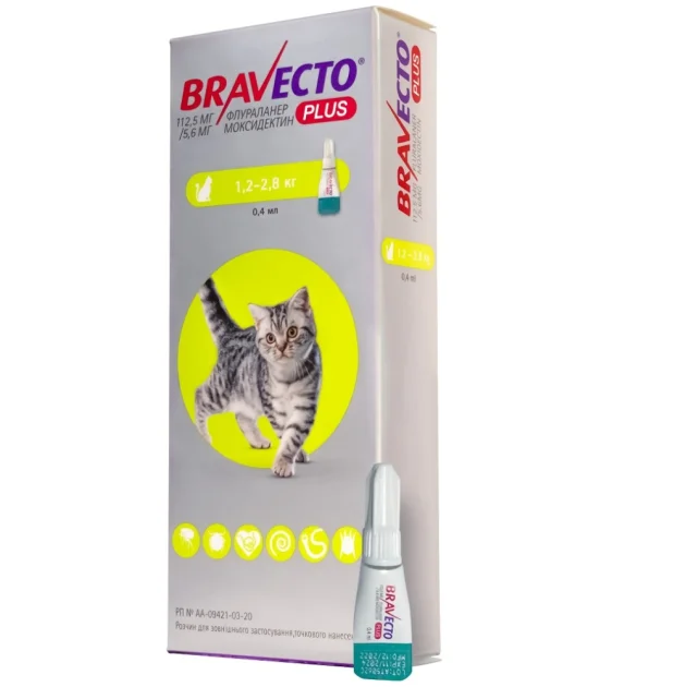 Противопаразитарные капли Bravecto Plus Cat Spot-On для кошек весом 1.2-2.8 кг, 112.5 мг