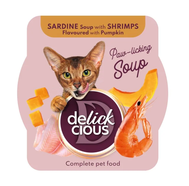 Вологий корм Delickcious Sardine Soup with Shrimps Flavoured with Pumpkin суп з сардини з креветками та додаванням гарбуза, для котів, пауч, 80 г