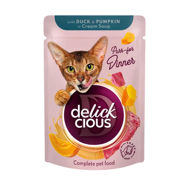 Вологий корм Delickcious Duck with Pumpkin in Cream Soup качка та гарбуз в крем-супі, для котів, пауч, 85 г