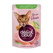 Вологий корм Delickcious Lamb, Chicken Fillet & Green Beans in Jelly ягнятина, куряче філе і спаржева квасоля в желе, для котів, пауч, 85 г