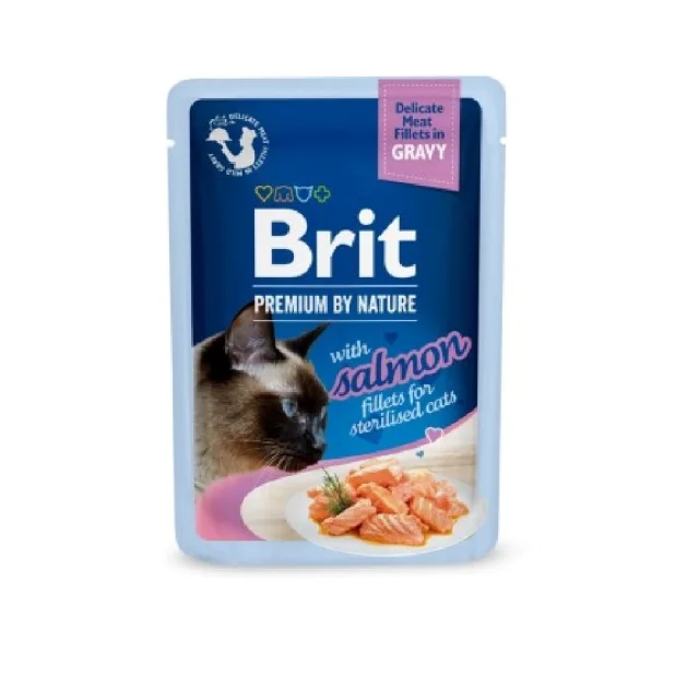 Влажный корм Brit Premium Delicate Fillets in Gravy Salmon Sterilised для стерилизованных кошек, филе в соусе, лосось, 85 г