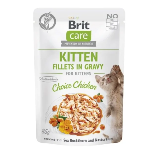 Влажный корм Brit Care Cat Fillets in Gravy Choice Chicken для котят, филе в соусе, с курицей, пауч, 85 г