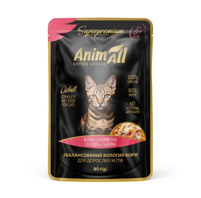 Влажный корм AnimAll для кошек, курица с креветками, 80 г