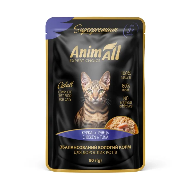 Влажный корм AnimAll для кошек, тунец с курицей, 80 г