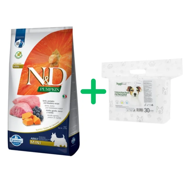 Беззерновой сухой корм Farmina N&D, для собак мелких пород, ягненок с тыквой и черникой, 7 кг + Пеленки HygiTend для собак, 60×60 см, 30 штук в подарок