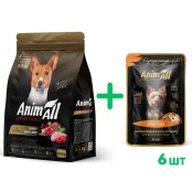 Сухий корм AnimAll для дорослих собак середніх порід, зі свіжою індичкою та ягням, 2.5 кг + 6 паучів вологого корму AnimAll для собак, качка, 80 г в подарунок