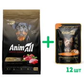 Сухий корм AnimAll для дорослих собак великих порід, зі свіжою індичкою та ягням, 12 кг + 12 паучів вологого корму AnimAll для собак, качка, 80 г у подарунок