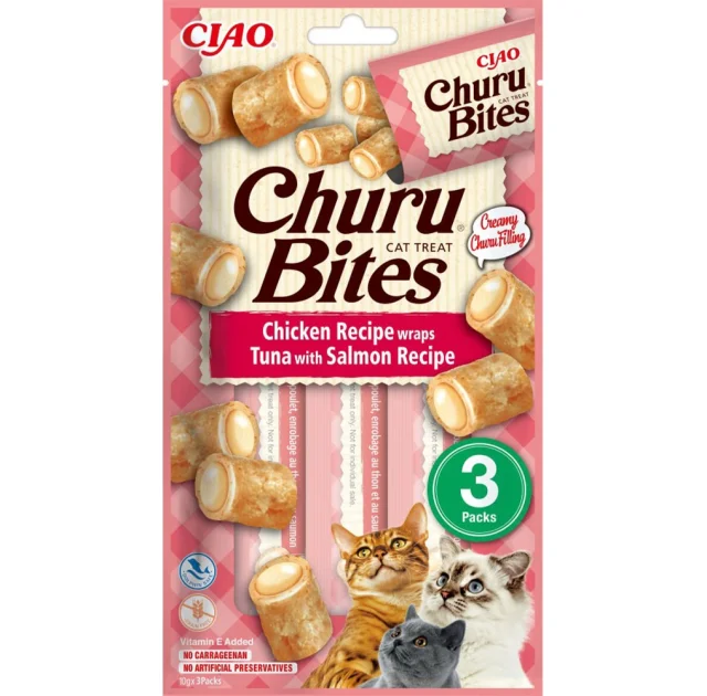 Лакомство INABA "Churu Bites" для кошек, с курицей, тунцом и лососем, 3 шт, 30 г