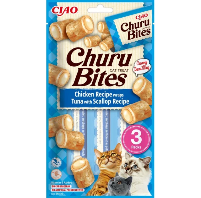 Лакомство INABA "Churu Bites" для кошек, с курицей, тунцом и морским гребешком, 3 шт, 30 г